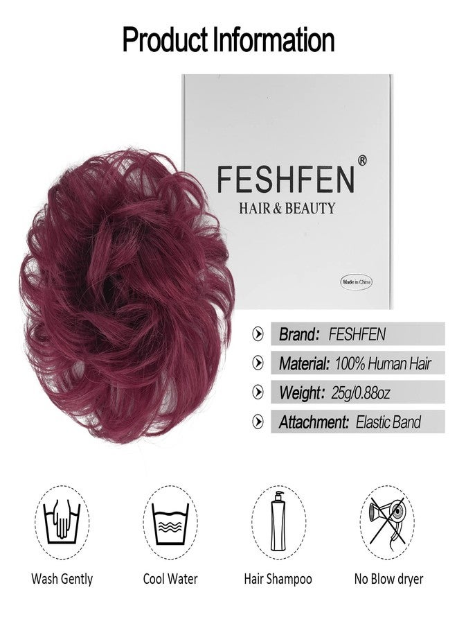 فيشبن فيشفين - وصلات شعر على شكل كعكة فوضوية مصنوعة من شعر بشري 100%، مع ربطات شعر حقيقية، ووصلات شعر ذيل حصان، وتسريحة شعر مموجة ومنسدلة، وقطع شعر شينيون للنساء، لون أحمر خمري - Image 5